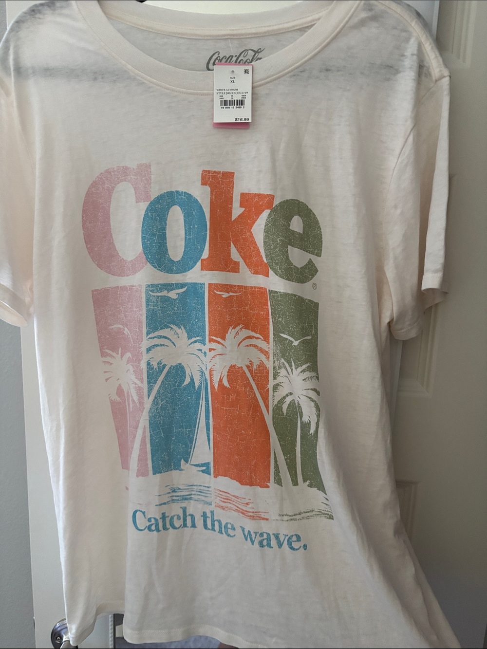 Coca Cola White Tee with Multicolor Retro 'Coke' Palm Print